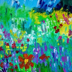 Original Abstract Canvas Oil Painting 20x16" Colorful Floral Landscape Signed
